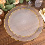 10 - Pack Plastic 7" Round Dessert Appetizer Plates in Clear Sunflower with Gold Scalloped Rim - Disposable Salad Plates for Classy Events & Banquets - Bell Racket Store