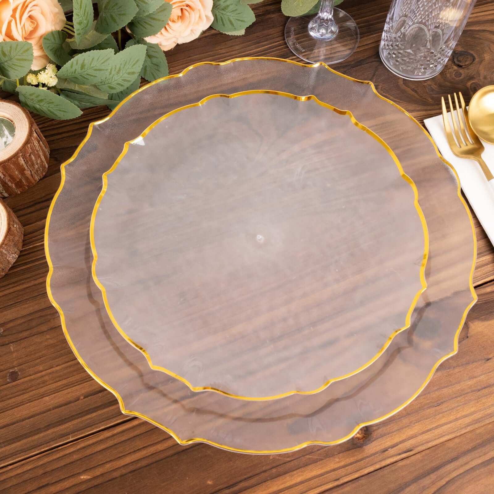 10 - Pack Plastic 7" Round Dessert Appetizer Plates in Clear Sunflower with Gold Scalloped Rim - Disposable Salad Plates for Classy Events & Banquets - Bell Racket Store