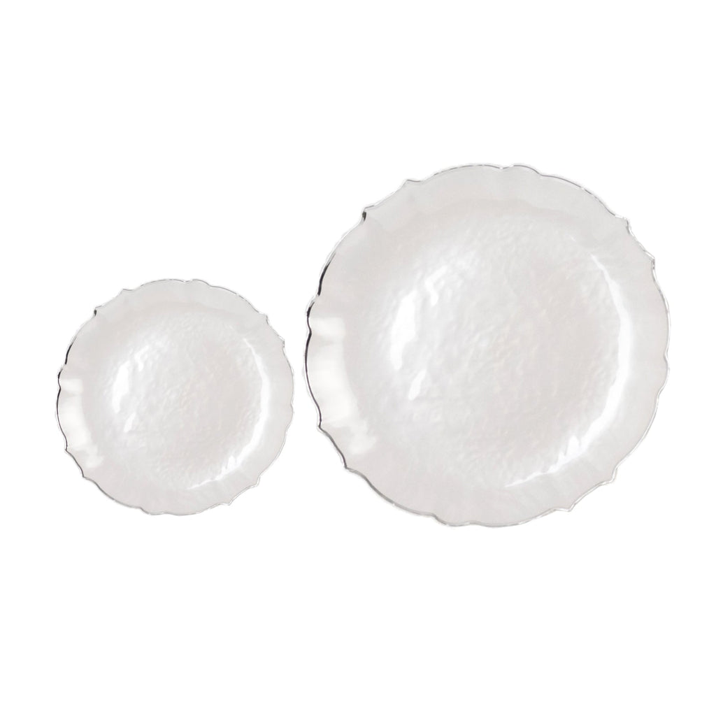 10 - Pack Plastic 7" Round Dessert Appetizer Plates in Pearl White Sunflower with Silver Scalloped Rim - Disposable Salad Plates for Classy Events & Banquets - Bell Racket Store