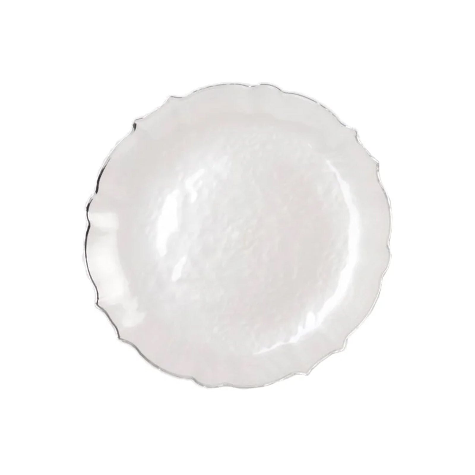 10 - Pack Plastic 7" Round Dessert Appetizer Plates in Pearl White Sunflower with Silver Scalloped Rim - Disposable Salad Plates for Classy Events & Banquets - Bell Racket Store