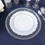 10 - Pack Plastic 7" Round Dessert Appetizer Plates in Pearl White Sunflower with Silver Scalloped Rim - Disposable Salad Plates for Classy Events & Banquets - Bell Racket Store