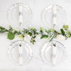 10 - Pack Plastic 7" Round Dessert Appetizer Plates in Pearl White Sunflower with Silver Scalloped Rim - Disposable Salad Plates for Classy Events & Banquets - Bell Racket Store