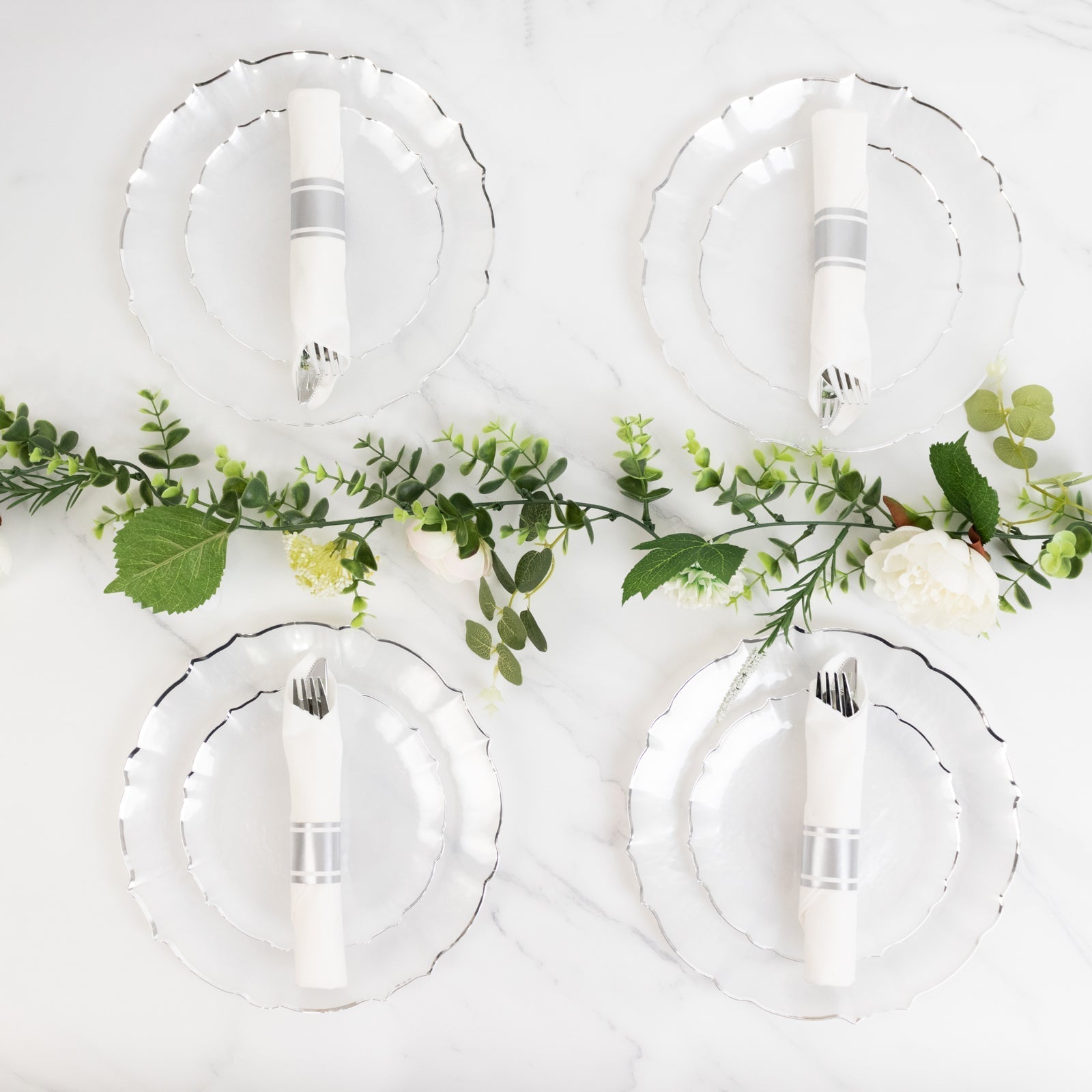 10 - Pack Plastic 7" Round Dessert Appetizer Plates in Pearl White Sunflower with Silver Scalloped Rim - Disposable Salad Plates for Classy Events & Banquets - Bell Racket Store