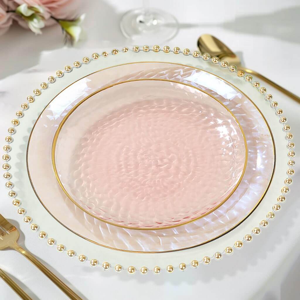10 - Pack Plastic 7" Round Dessert Appetizer Plates in Transparent Blush Hammered Design with Gold Rim - Modern Disposable Salad Plates - Bell Racket Store