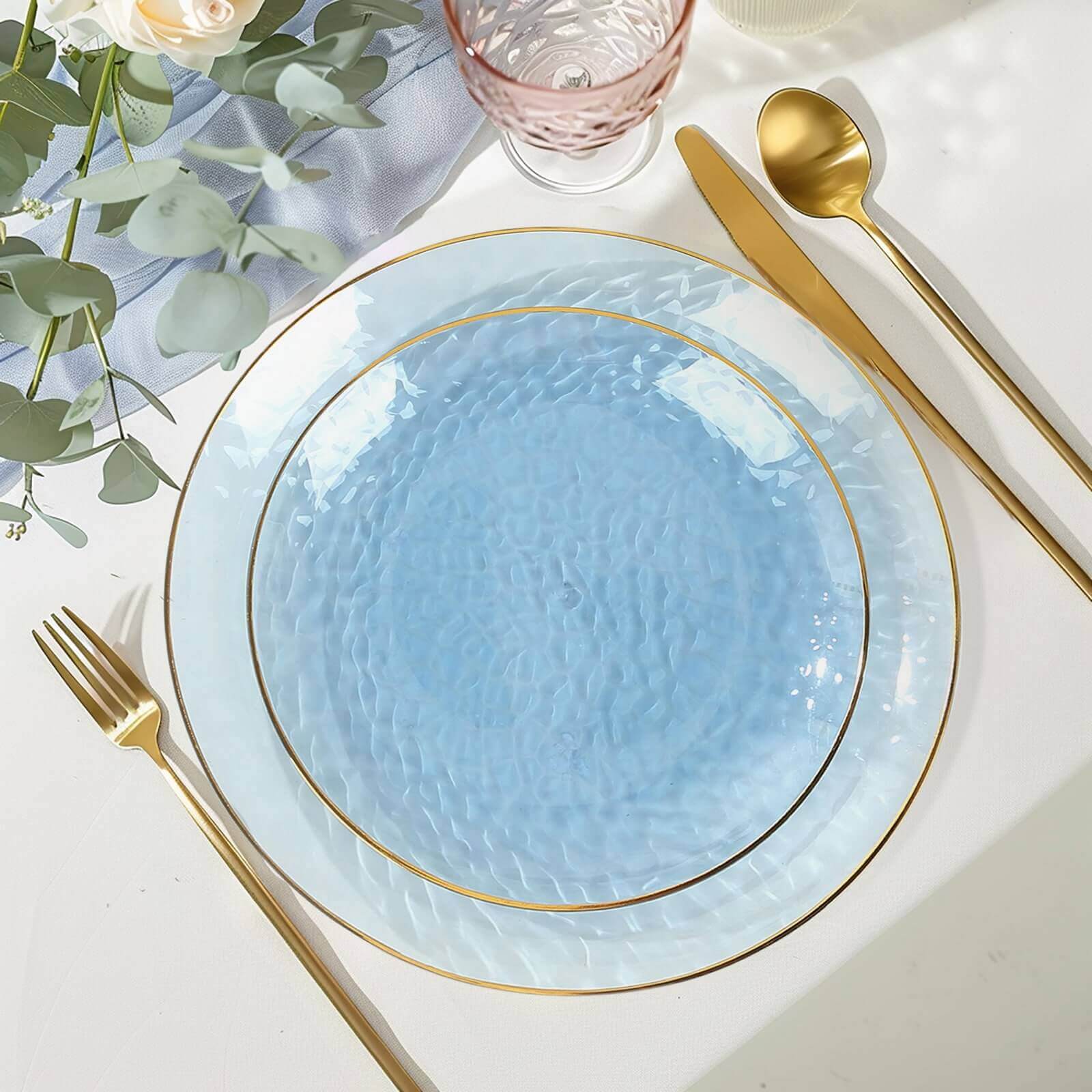 10 - Pack Plastic 7" Round Dessert Appetizer Plates in Transparent Dusty Blue Hammered Design with Gold Rim - Modern Disposable Salad Plates - Bell Racket Store