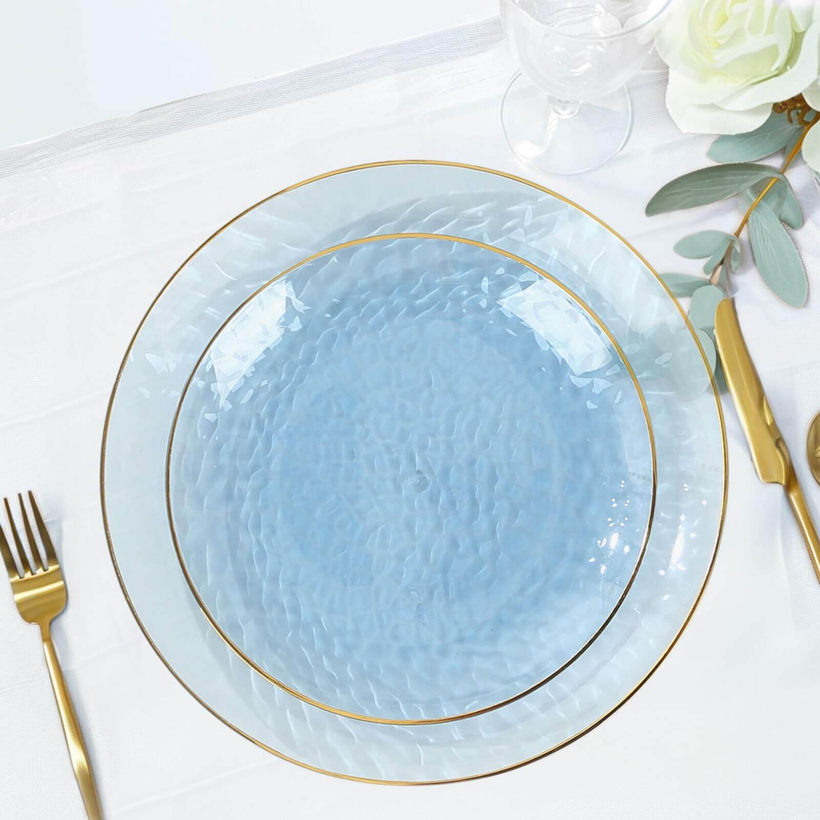 10 - Pack Plastic 7" Round Dessert Appetizer Plates in Transparent Dusty Blue Hammered Design with Gold Rim - Modern Disposable Salad Plates - Bell Racket Store