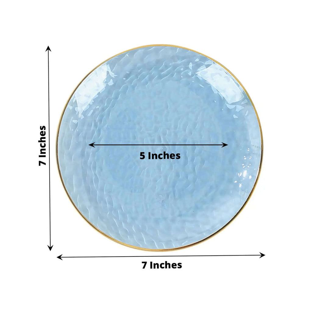 10 - Pack Plastic 7" Round Dessert Appetizer Plates in Transparent Dusty Blue Hammered Design with Gold Rim - Modern Disposable Salad Plates - Bell Racket Store