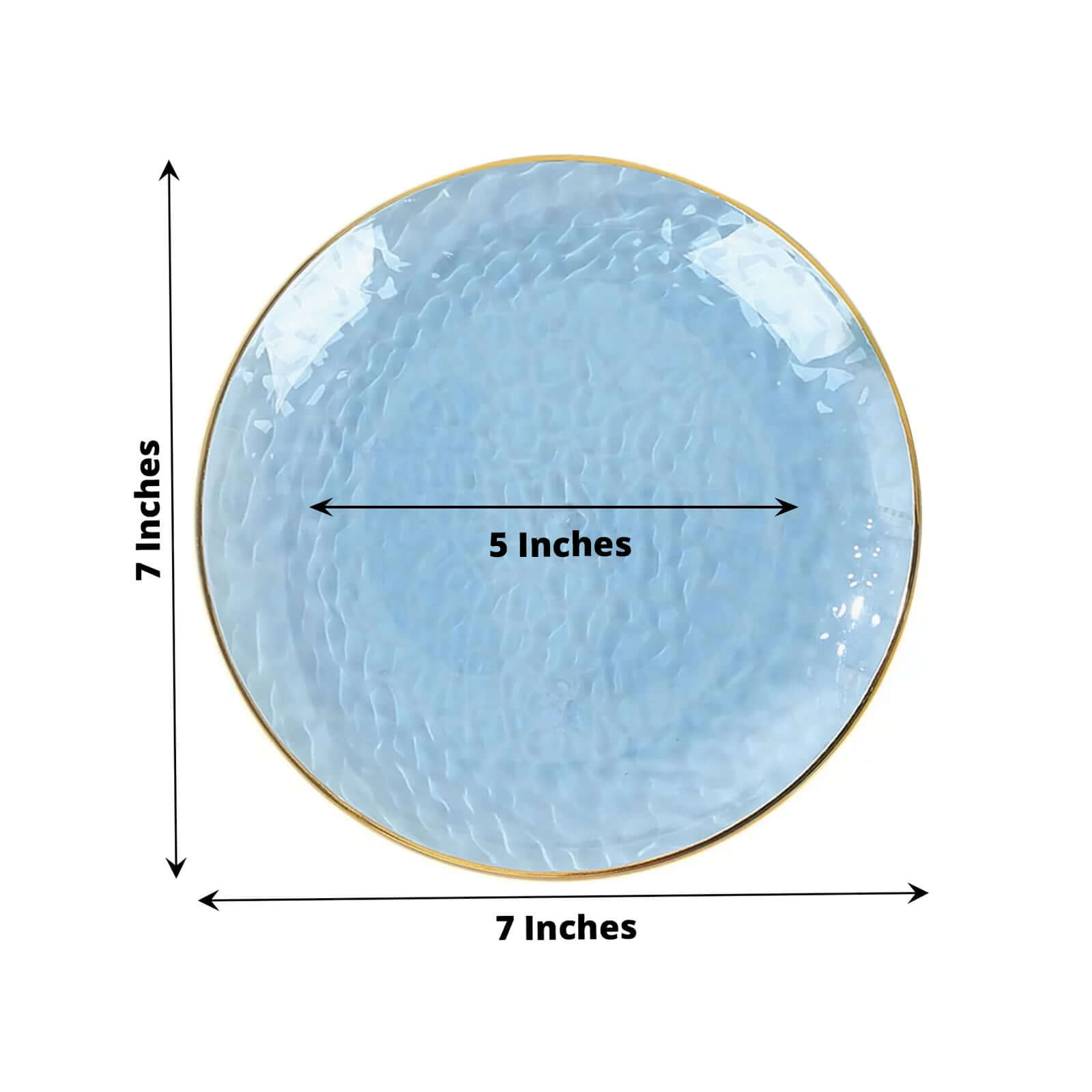 10 - Pack Plastic 7" Round Dessert Appetizer Plates in Transparent Dusty Blue Hammered Design with Gold Rim - Modern Disposable Salad Plates - Bell Racket Store