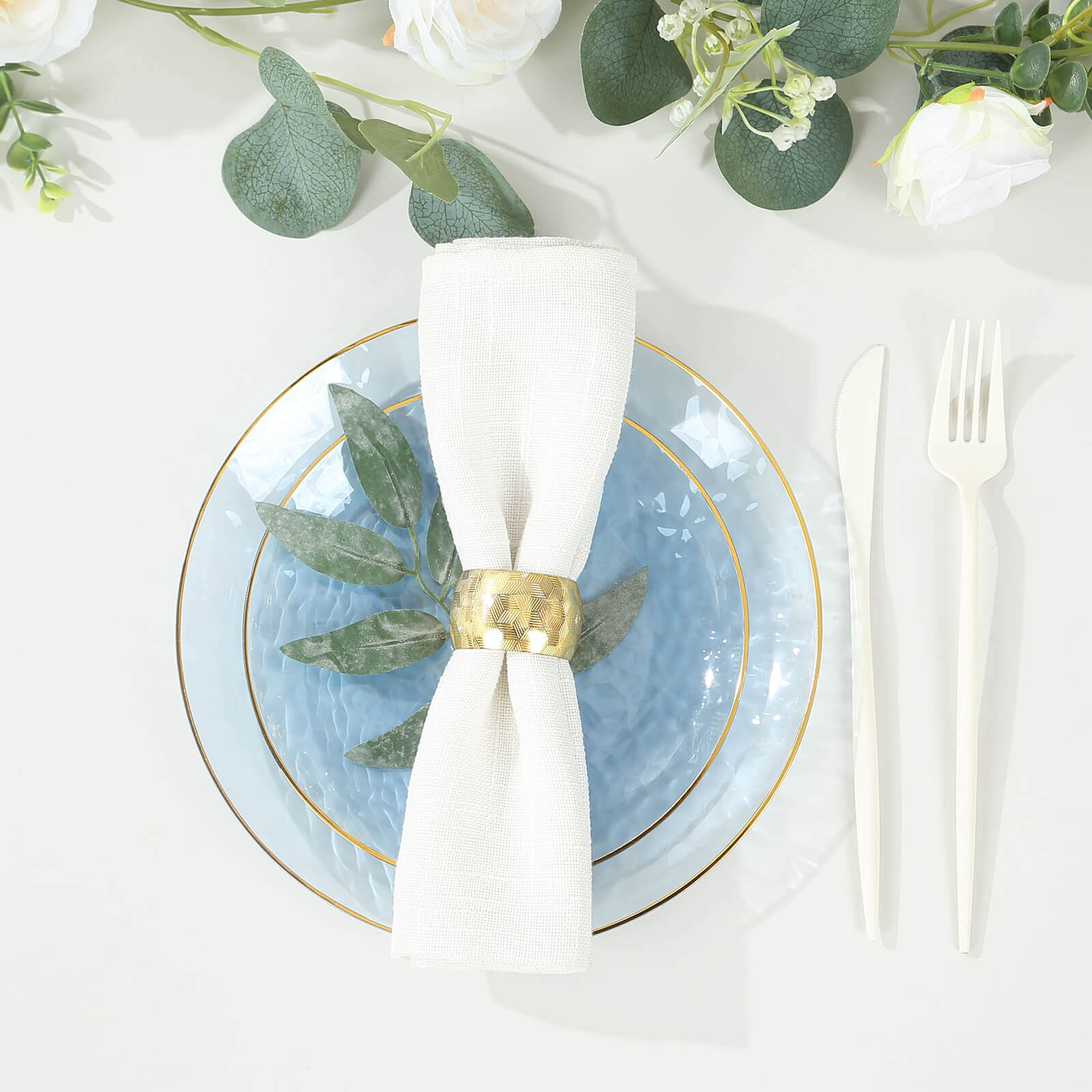 10 - Pack Plastic 7" Round Dessert Appetizer Plates in Transparent Dusty Blue Hammered Design with Gold Rim - Modern Disposable Salad Plates - Bell Racket Store