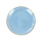 10 - Pack Plastic 7" Round Dessert Appetizer Plates in Transparent Dusty Blue Hammered Design with Gold Rim - Modern Disposable Salad Plates - Bell Racket Store