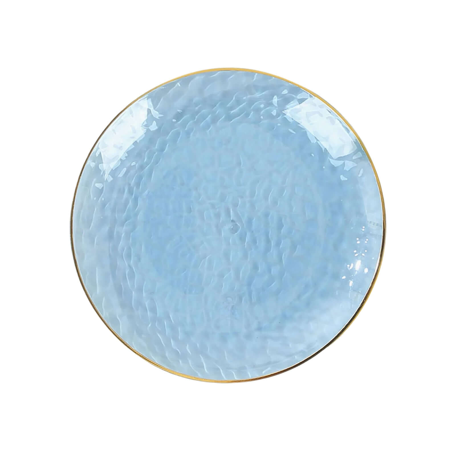 10 - Pack Plastic 7" Round Dessert Appetizer Plates in Transparent Dusty Blue Hammered Design with Gold Rim - Modern Disposable Salad Plates - Bell Racket Store