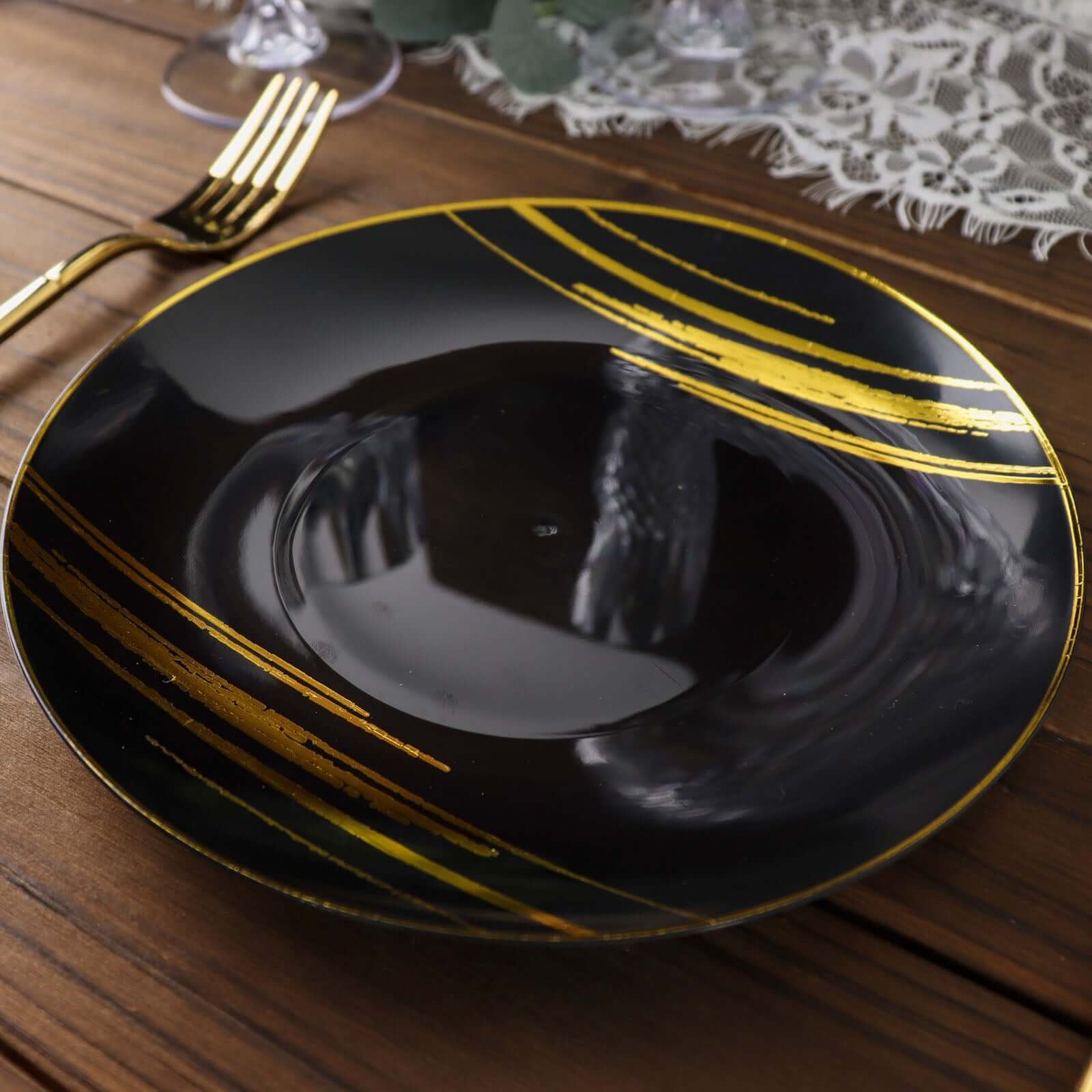 10 - Pack Plastic 7" Round Dessert Plates in Black with Gold Brush Stroked Print - Disposable Appetizer Salad Plates for Modern Themed Events & Banquets - Bell Racket Store