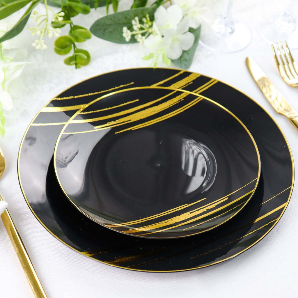 10 - Pack Plastic 7" Round Dessert Plates in Black with Gold Brush Stroked Print - Disposable Appetizer Salad Plates for Modern Themed Events & Banquets - Bell Racket Store