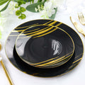 10 - Pack Plastic 7" Round Dessert Plates in Black with Gold Brush Stroked Print - Disposable Appetizer Salad Plates for Modern Themed Events & Banquets - Bell Racket Store
