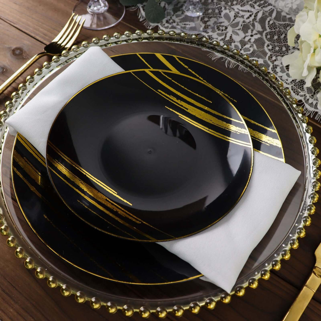 10 - Pack Plastic 7" Round Dessert Plates in Black with Gold Brush Stroked Print - Disposable Appetizer Salad Plates for Modern Themed Events & Banquets - Bell Racket Store