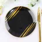 10 - Pack Plastic 7" Round Dessert Plates in Black with Gold Brush Stroked Print - Disposable Appetizer Salad Plates for Modern Themed Events & Banquets - Bell Racket Store