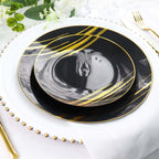 10 - Pack Plastic 7" Round Dessert Plates in Black with Gold Brush Stroked Print - Disposable Appetizer Salad Plates for Modern Themed Events & Banquets - Bell Racket Store
