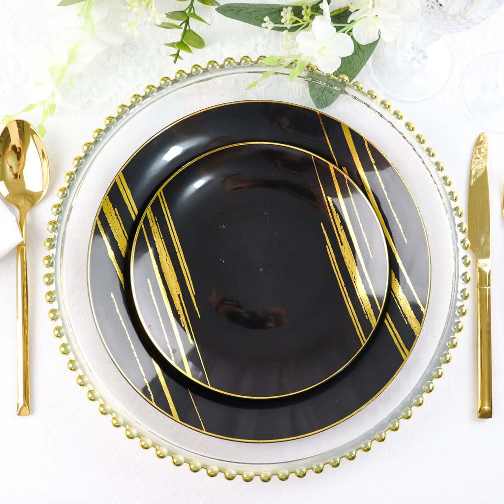 10 - Pack Plastic 7" Round Dessert Plates in Black with Gold Brush Stroked Print - Disposable Appetizer Salad Plates for Modern Themed Events & Banquets - Bell Racket Store