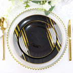 10 - Pack Plastic 7" Round Dessert Plates in Black with Gold Brush Stroked Print - Disposable Appetizer Salad Plates for Modern Themed Events & Banquets - Bell Racket Store