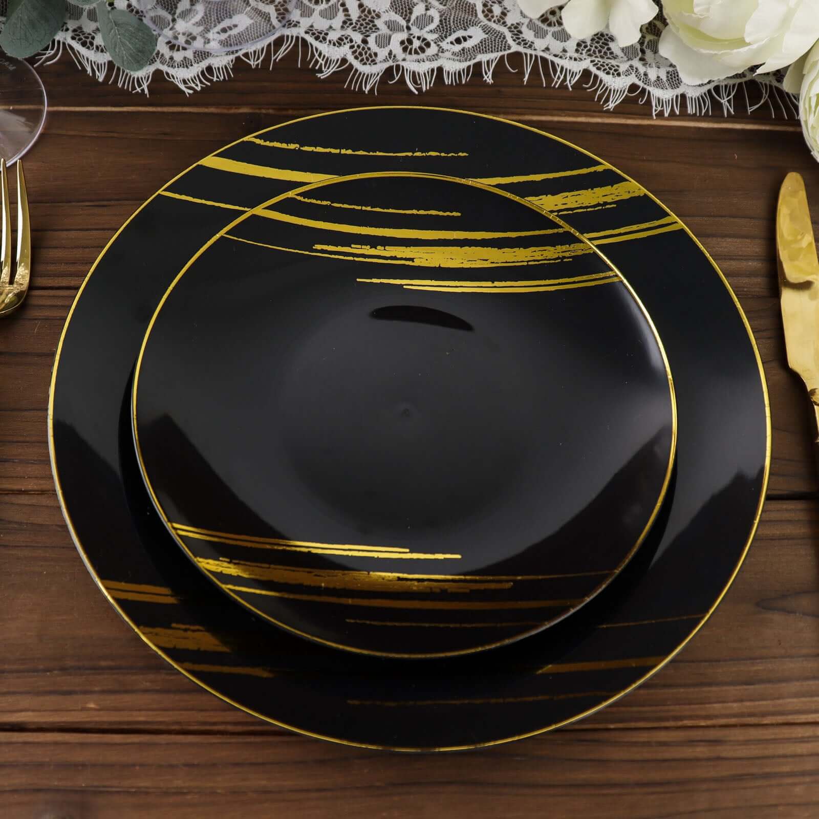 10 - Pack Plastic 7" Round Dessert Plates in Black with Gold Brush Stroked Print - Disposable Appetizer Salad Plates for Modern Themed Events & Banquets - Bell Racket Store