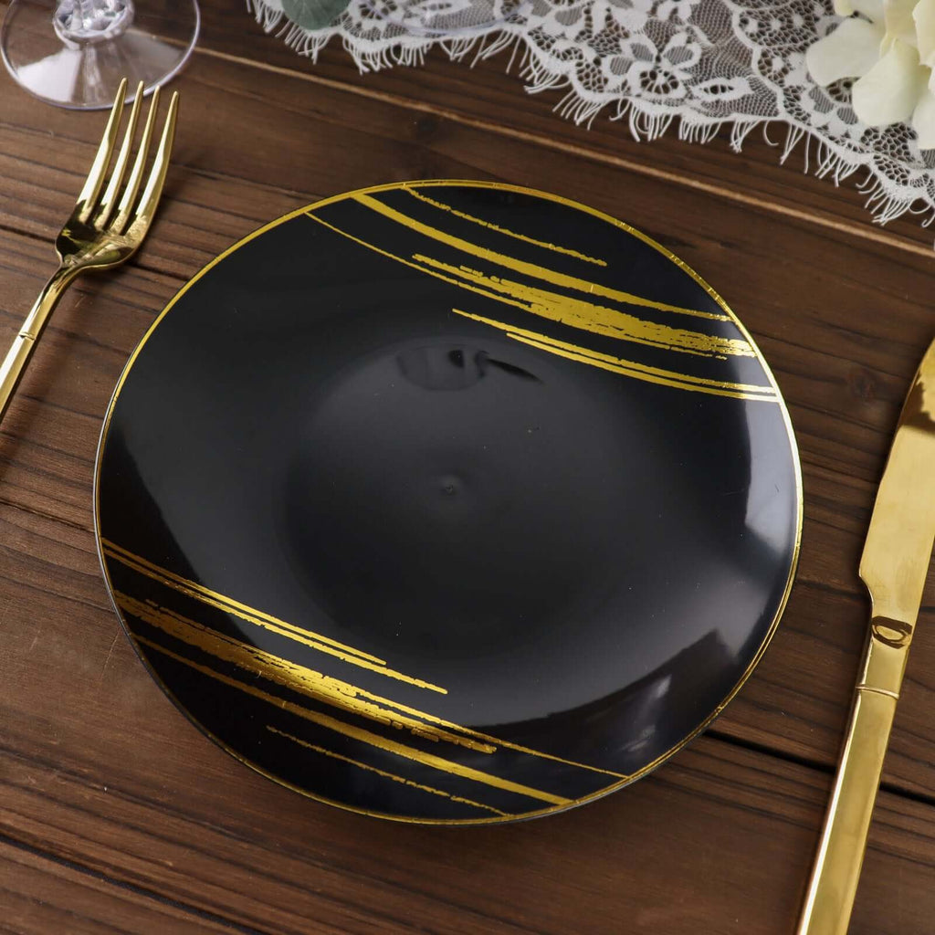 10 - Pack Plastic 7" Round Dessert Plates in Black with Gold Brush Stroked Print - Disposable Appetizer Salad Plates for Modern Themed Events & Banquets - Bell Racket Store