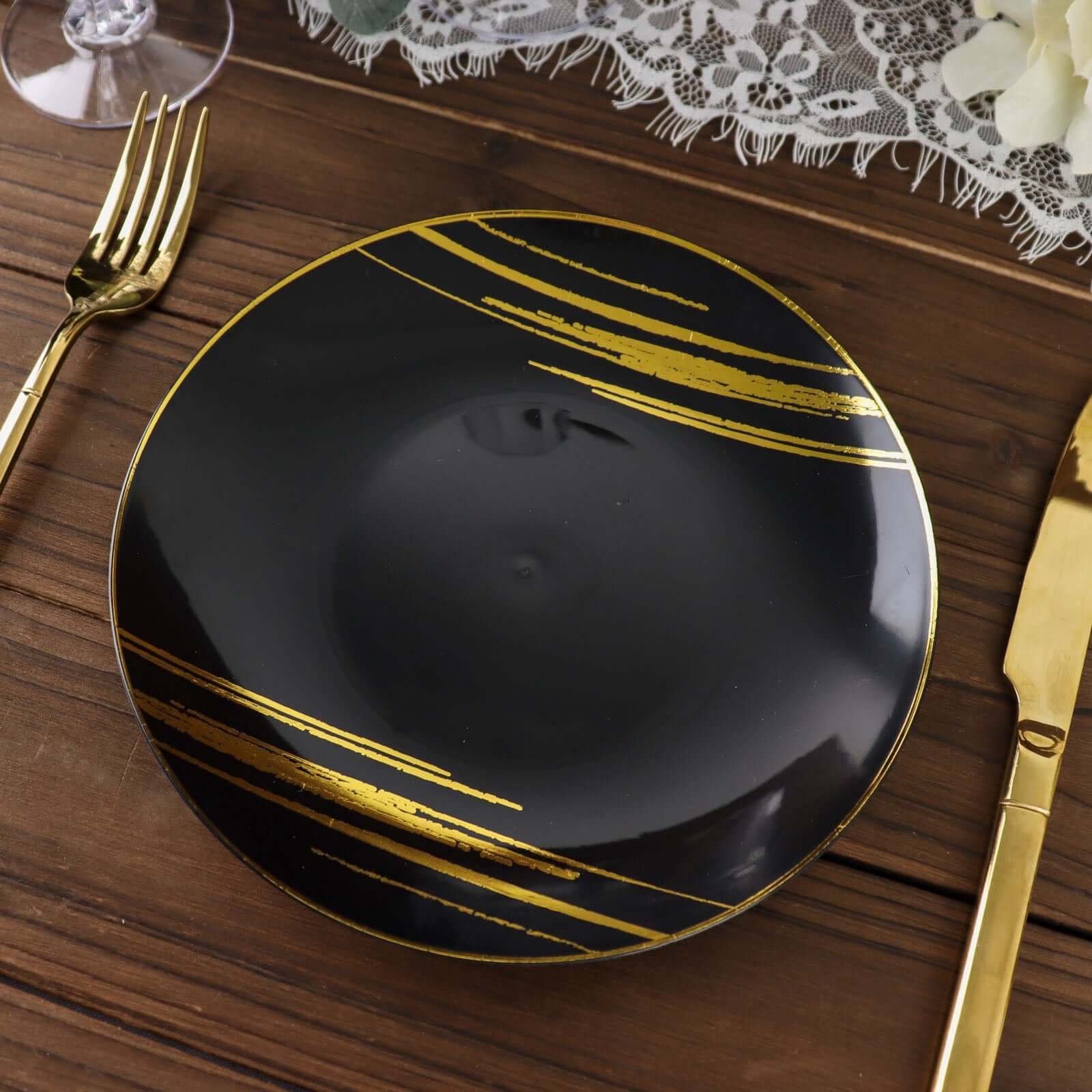 10 - Pack Plastic 7" Round Dessert Plates in Black with Gold Brush Stroked Print - Disposable Appetizer Salad Plates for Modern Themed Events & Banquets - Bell Racket Store