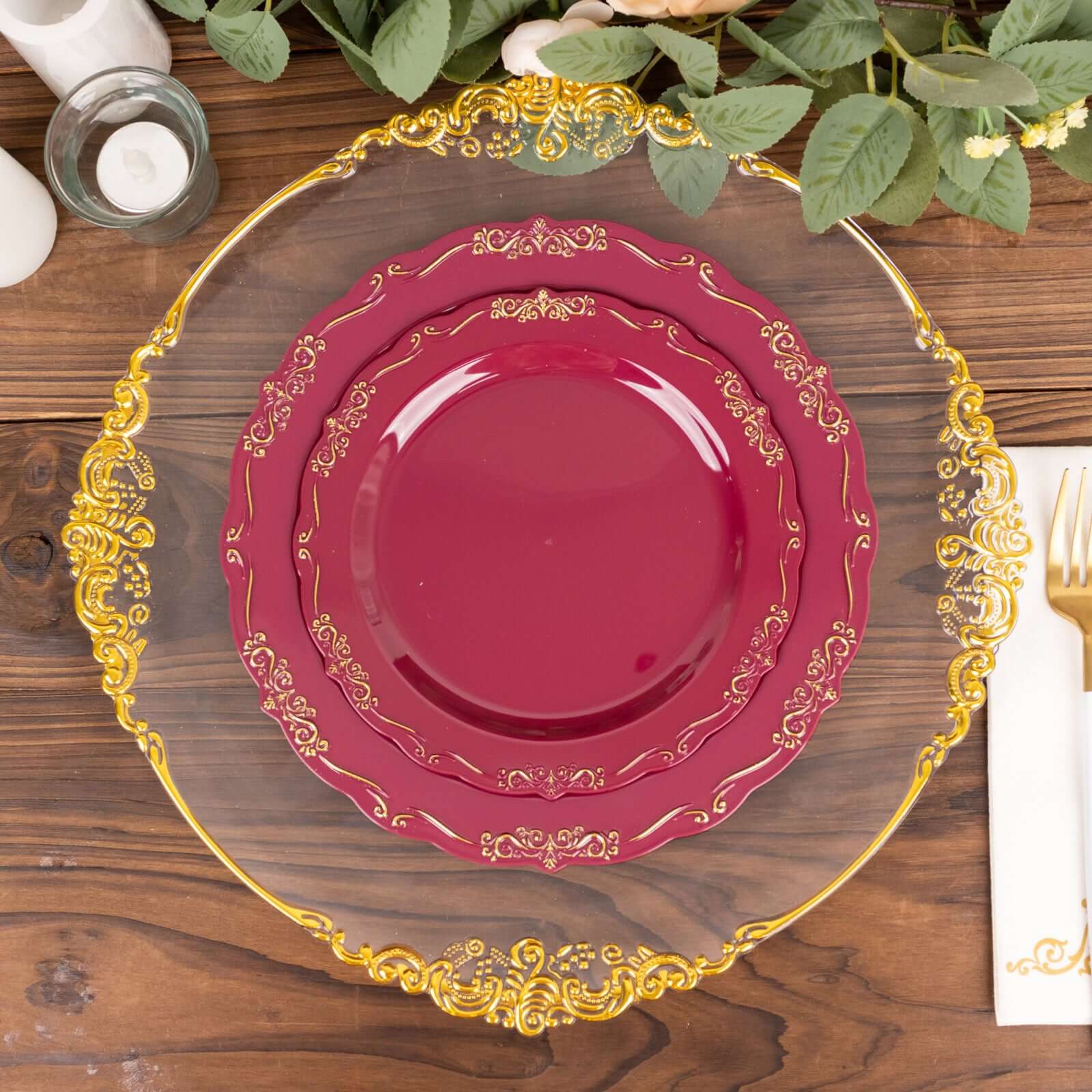 10 - Pack Plastic 7" Round Dessert Plates in Burgundy with Gold Vintage Embossed Rim - Sturdy Disposable Scalloped Edge Salad Plates - Bell Racket Store