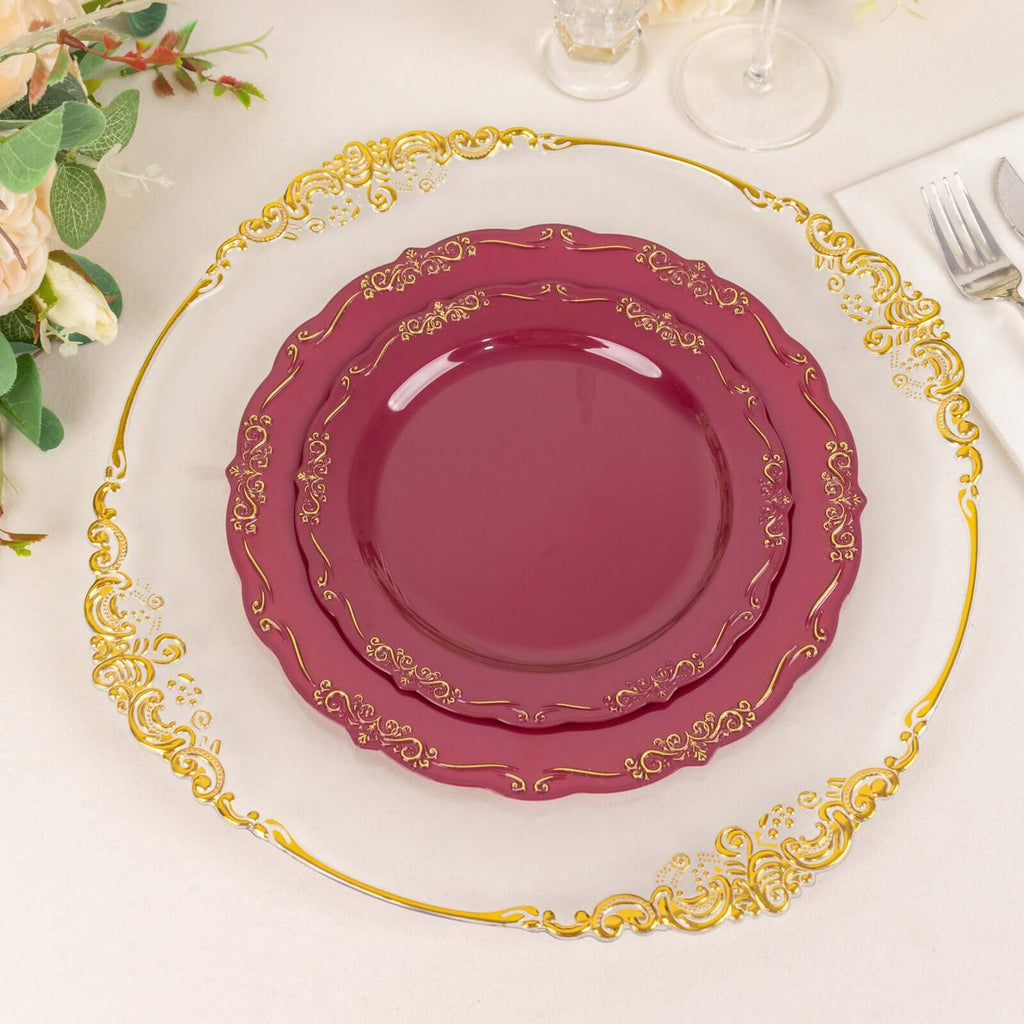10 - Pack Plastic 7" Round Dessert Plates in Burgundy with Gold Vintage Embossed Rim - Sturdy Disposable Scalloped Edge Salad Plates - Bell Racket Store