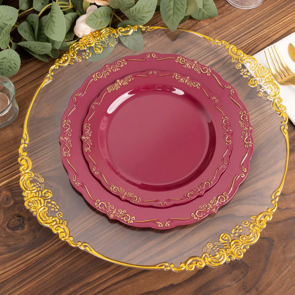 10 - Pack Plastic 7" Round Dessert Plates in Burgundy with Gold Vintage Embossed Rim - Sturdy Disposable Scalloped Edge Salad Plates - Bell Racket Store