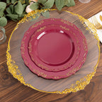10 - Pack Plastic 7" Round Dessert Plates in Burgundy with Gold Vintage Embossed Rim - Sturdy Disposable Scalloped Edge Salad Plates - Bell Racket Store