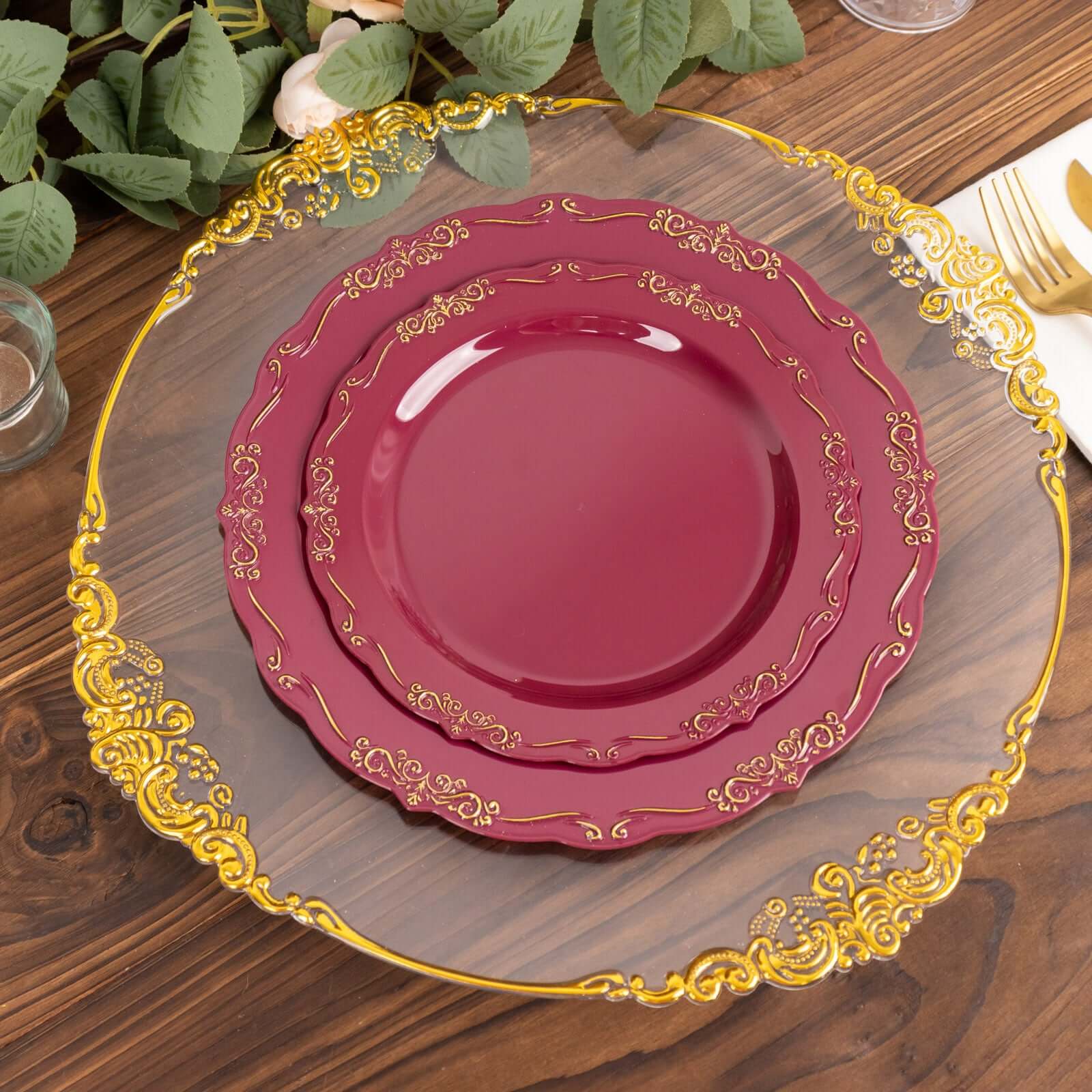 10 - Pack Plastic 7" Round Dessert Plates in Burgundy with Gold Vintage Embossed Rim - Sturdy Disposable Scalloped Edge Salad Plates - Bell Racket Store