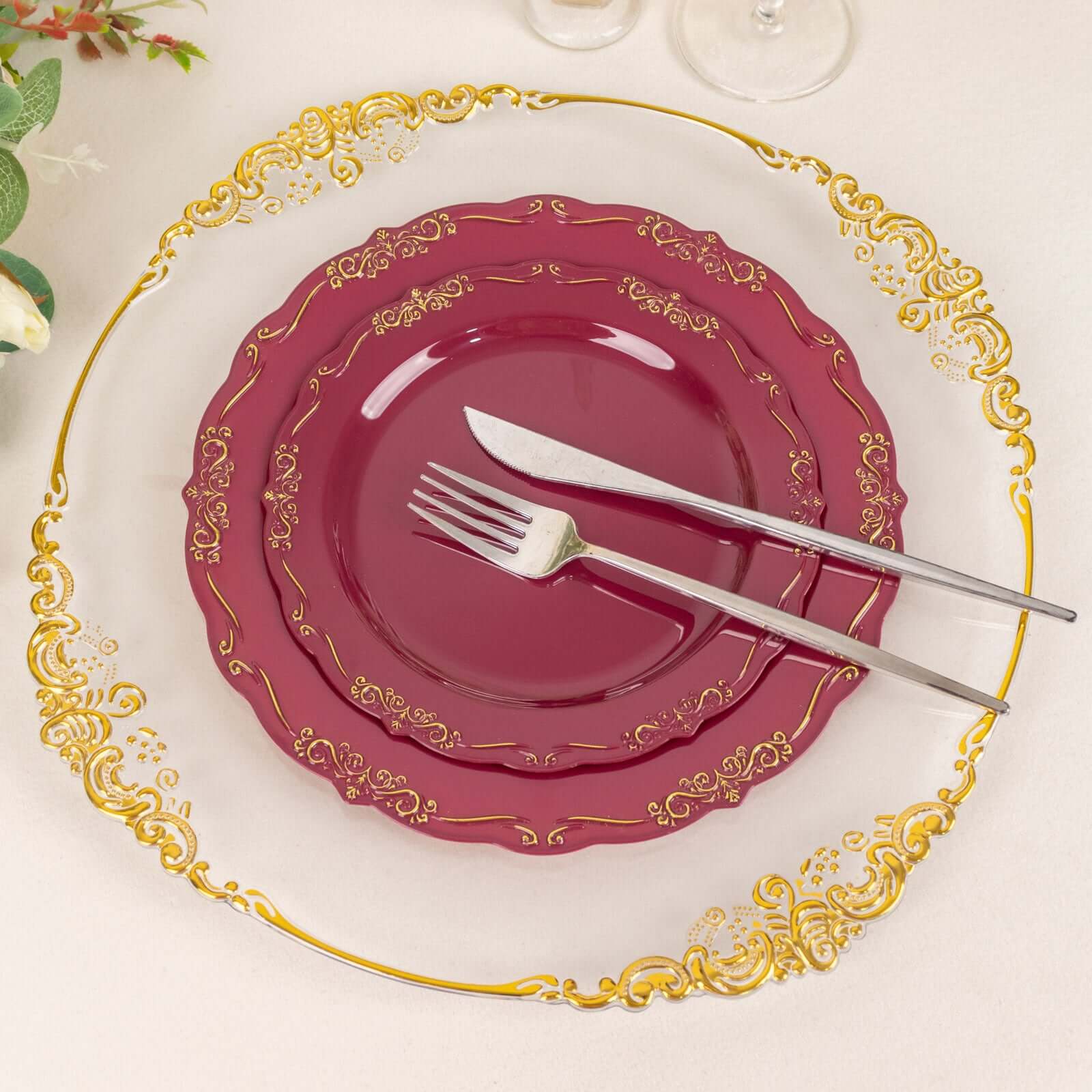 10 - Pack Plastic 7" Round Dessert Plates in Burgundy with Gold Vintage Embossed Rim - Sturdy Disposable Scalloped Edge Salad Plates - Bell Racket Store