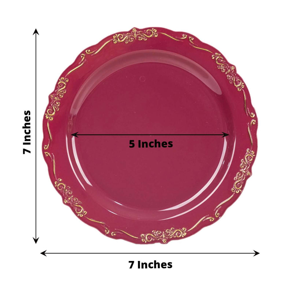 10 - Pack Plastic 7" Round Dessert Plates in Burgundy with Gold Vintage Embossed Rim - Sturdy Disposable Scalloped Edge Salad Plates - Bell Racket Store