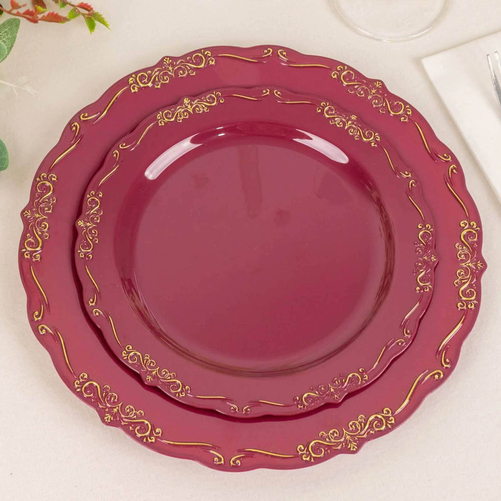 10 - Pack Plastic 7" Round Dessert Plates in Burgundy with Gold Vintage Embossed Rim - Sturdy Disposable Scalloped Edge Salad Plates - Bell Racket Store