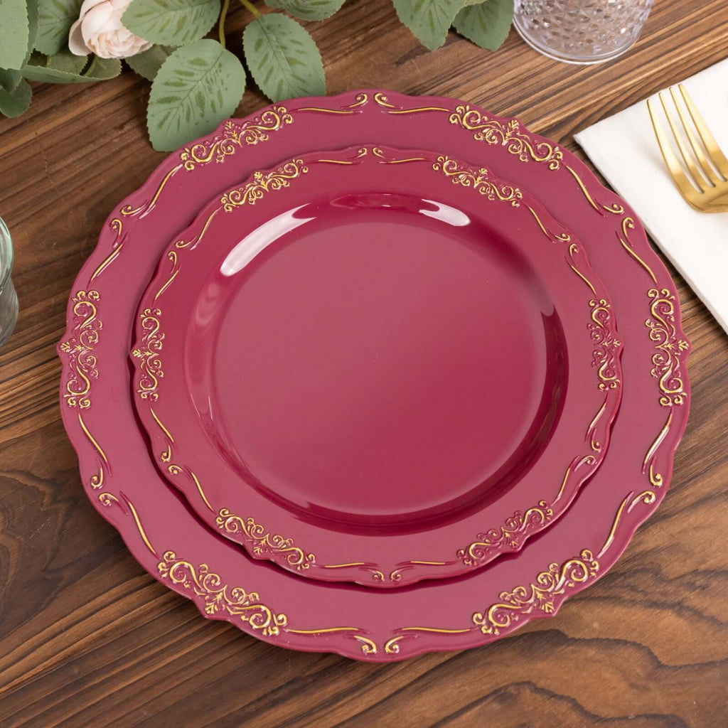 10 - Pack Plastic 7" Round Dessert Plates in Burgundy with Gold Vintage Embossed Rim - Sturdy Disposable Scalloped Edge Salad Plates - Bell Racket Store