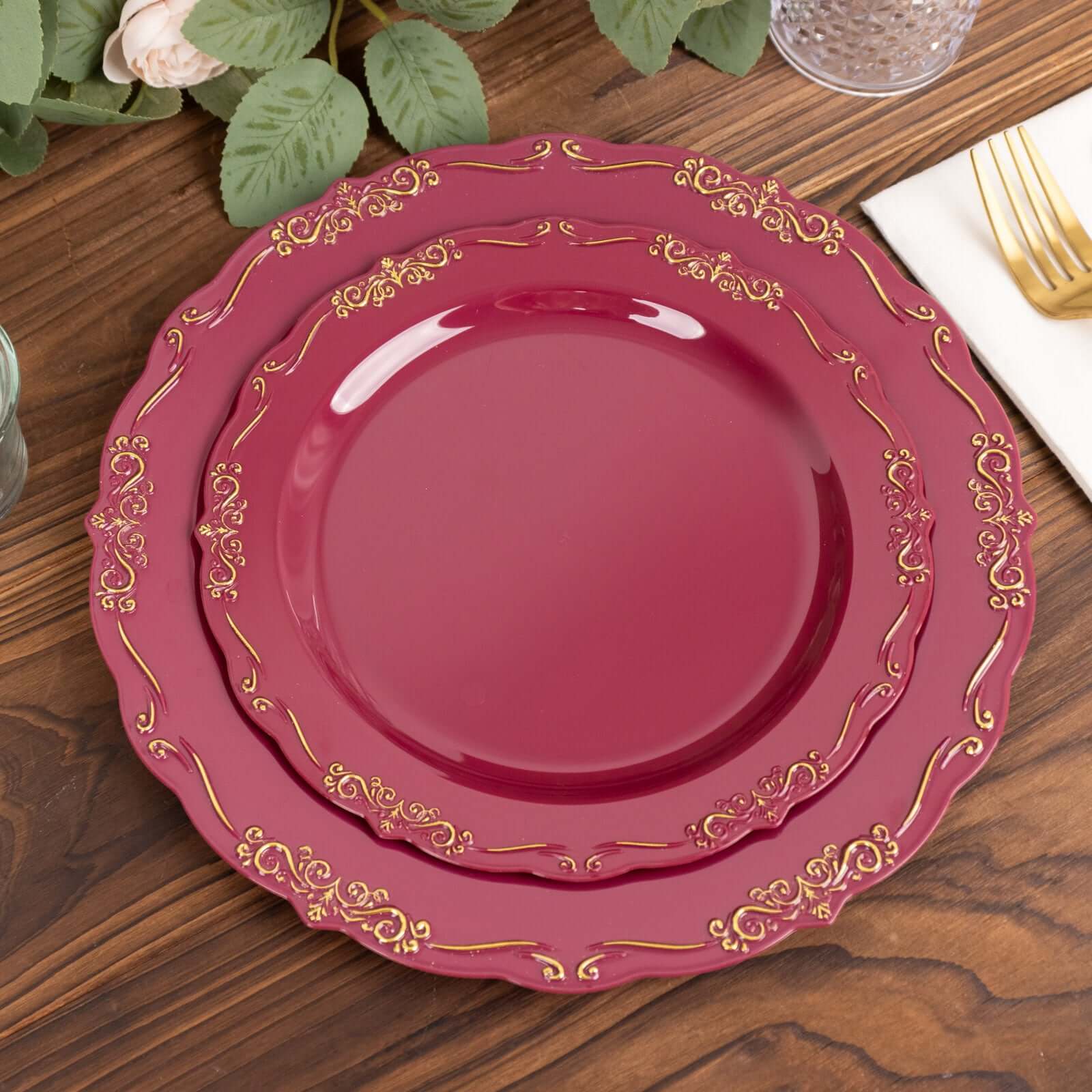 10 - Pack Plastic 7" Round Dessert Plates in Burgundy with Gold Vintage Embossed Rim - Sturdy Disposable Scalloped Edge Salad Plates - Bell Racket Store