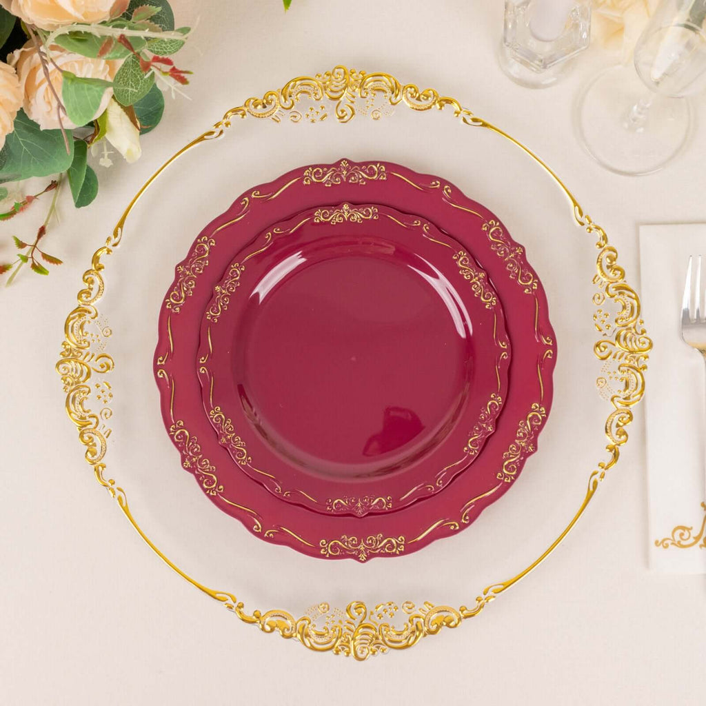 10 - Pack Plastic 7" Round Dessert Plates in Burgundy with Gold Vintage Embossed Rim - Sturdy Disposable Scalloped Edge Salad Plates - Bell Racket Store