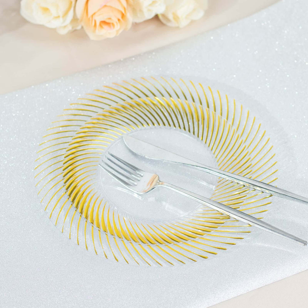 10 - Pack Plastic 7" Round Dessert Plates in Clear with Gold Swirl Rim - Bell Racket Store