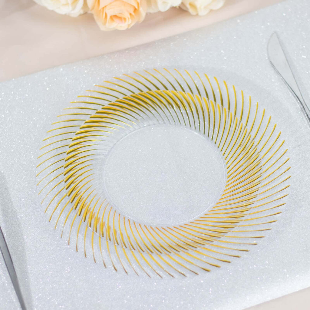 10 - Pack Plastic 7" Round Dessert Plates in Clear with Gold Swirl Rim - Bell Racket Store