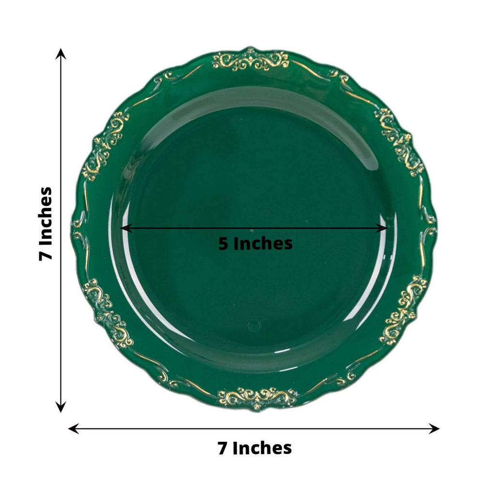 10 - Pack Plastic 7" Round Dessert Plates in Hunter Emerald Green with Gold Vintage Embossed Rim - Sturdy Disposable Scalloped Edge Salad Plates - Bell Racket Store
