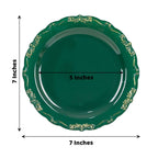 10 - Pack Plastic 7" Round Dessert Plates in Hunter Emerald Green with Gold Vintage Embossed Rim - Sturdy Disposable Scalloped Edge Salad Plates - Bell Racket Store