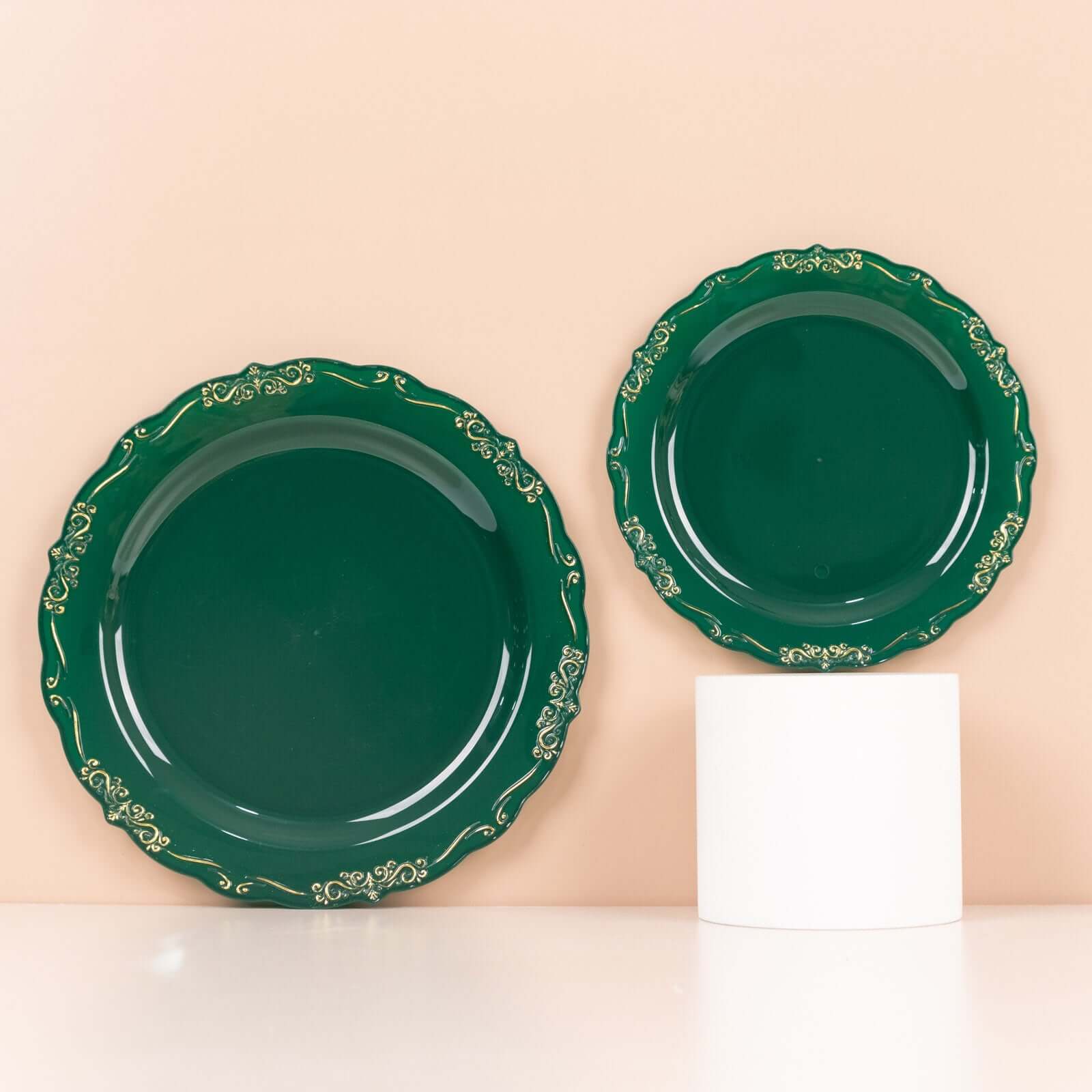 10 - Pack Plastic 7" Round Dessert Plates in Hunter Emerald Green with Gold Vintage Embossed Rim - Sturdy Disposable Scalloped Edge Salad Plates - Bell Racket Store