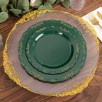 10 - Pack Plastic 7" Round Dessert Plates in Hunter Emerald Green with Gold Vintage Embossed Rim - Sturdy Disposable Scalloped Edge Salad Plates - Bell Racket Store