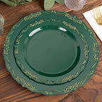 10 - Pack Plastic 7" Round Dessert Plates in Hunter Emerald Green with Gold Vintage Embossed Rim - Sturdy Disposable Scalloped Edge Salad Plates - Bell Racket Store