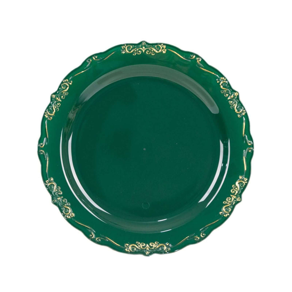 10 - Pack Plastic 7" Round Dessert Plates in Hunter Emerald Green with Gold Vintage Embossed Rim - Sturdy Disposable Scalloped Edge Salad Plates - Bell Racket Store