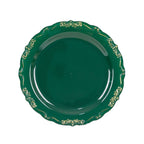 10 - Pack Plastic 7" Round Dessert Plates in Hunter Emerald Green with Gold Vintage Embossed Rim - Sturdy Disposable Scalloped Edge Salad Plates - Bell Racket Store