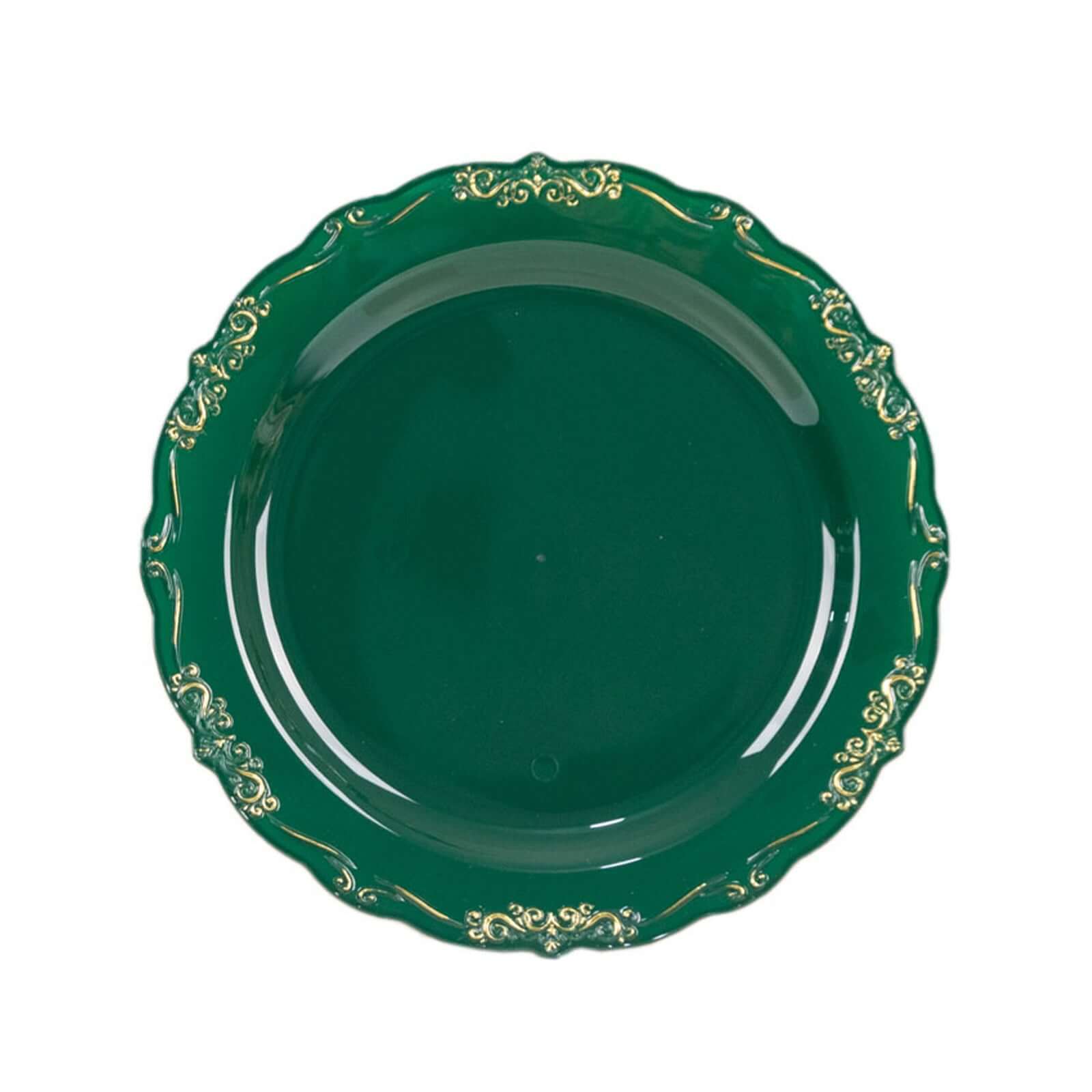 10 - Pack Plastic 7" Round Dessert Plates in Hunter Emerald Green with Gold Vintage Embossed Rim - Sturdy Disposable Scalloped Edge Salad Plates - Bell Racket Store