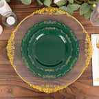 10 - Pack Plastic 7" Round Dessert Plates in Hunter Emerald Green with Gold Vintage Embossed Rim - Sturdy Disposable Scalloped Edge Salad Plates - Bell Racket Store