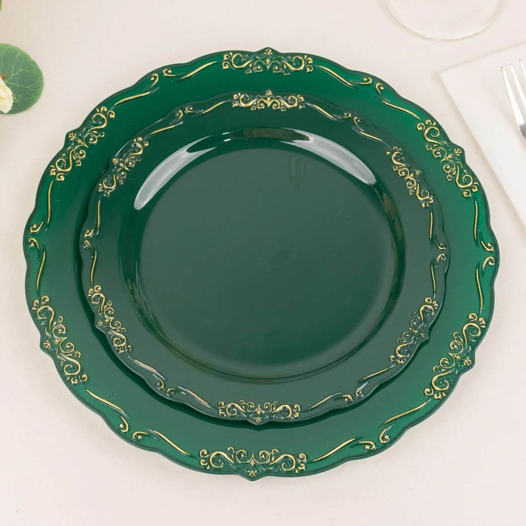 10 - Pack Plastic 7" Round Dessert Plates in Hunter Emerald Green with Gold Vintage Embossed Rim - Sturdy Disposable Scalloped Edge Salad Plates - Bell Racket Store