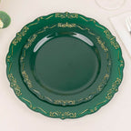 10 - Pack Plastic 7" Round Dessert Plates in Hunter Emerald Green with Gold Vintage Embossed Rim - Sturdy Disposable Scalloped Edge Salad Plates - Bell Racket Store